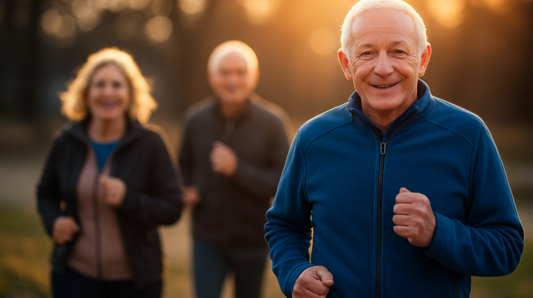 elderly man in blue jumper exercises outside with two others, the sunlight creates a bokeh affect and blurs the other subjects