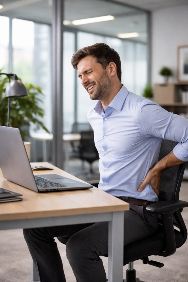 Office worker sitting at a desk using a laptop, grimacing and holding his lower back in pain due to poor seating posture in a modern office environment