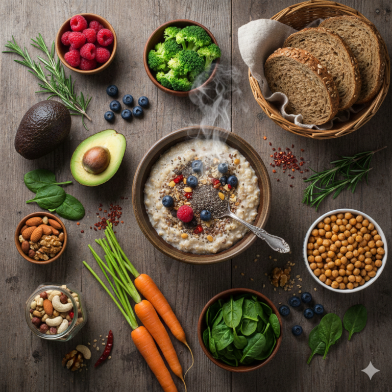 A top-down, rustic wooden table spread featuring a variety of high-fibre foods. In the centre is a steaming bowl of porridge topped with blueberries, raspberries, and chia seeds. Surrounding it are small wooden bowls containing broccoli, raspberries, almonds, walnuts, and fresh spinach. Also pictured are a halved avocado, whole carrots with green tops, a basket of sliced wholemeal bread, and a bowl of chickpeas.